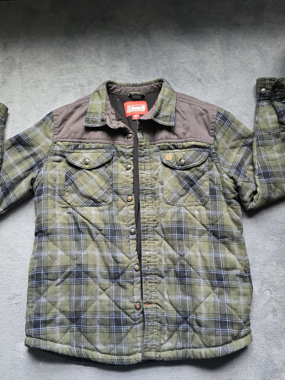 Coleman Green Plaid Quilted Shirt Jacket with Brown Yoke